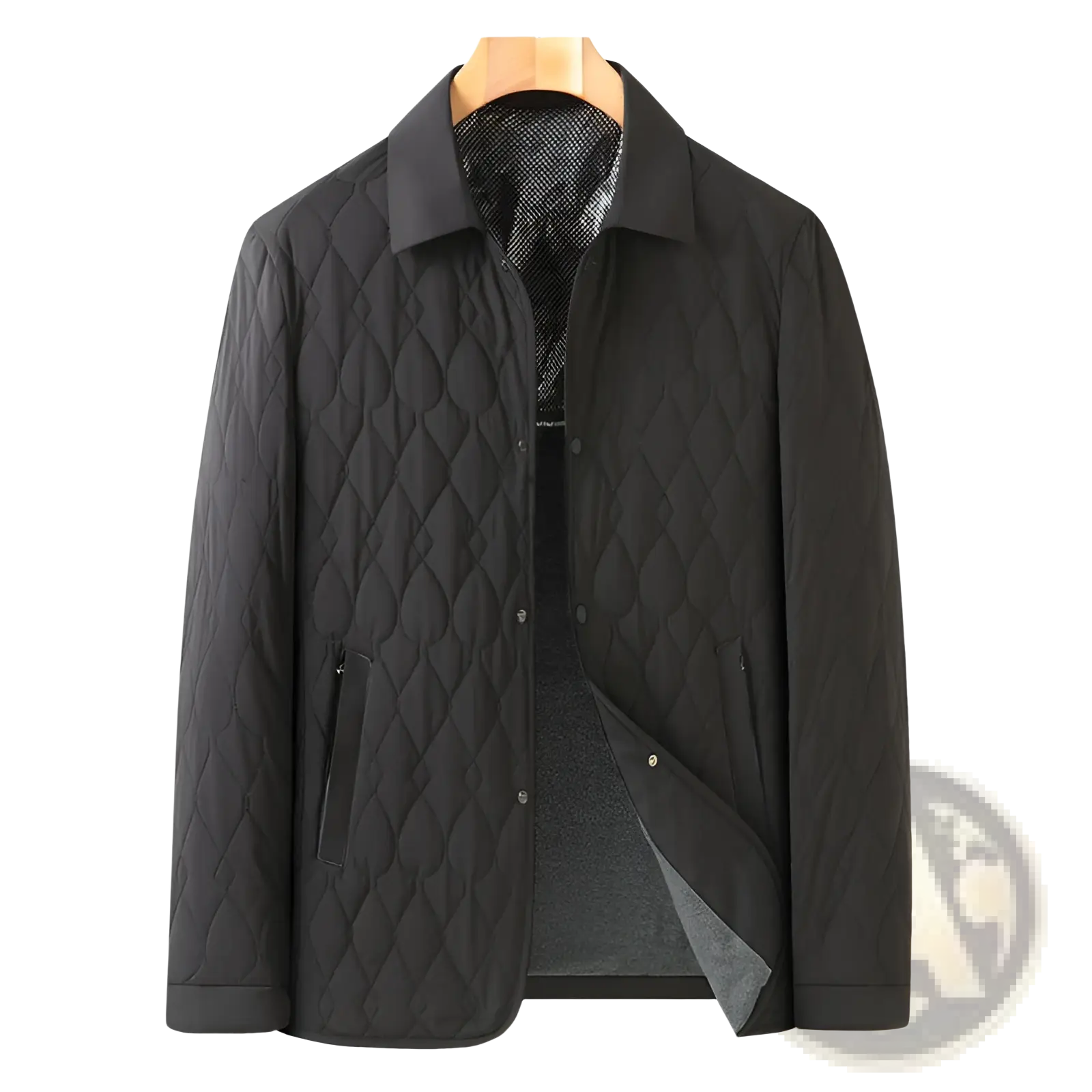 Black quilted business jacket with lightweight diamond lattice pattern and mesh-lined collar for professional wear