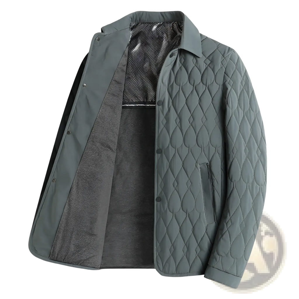 A sleek light gray quilted business jacket with diamond lattice stitching and a soft textured inner lining