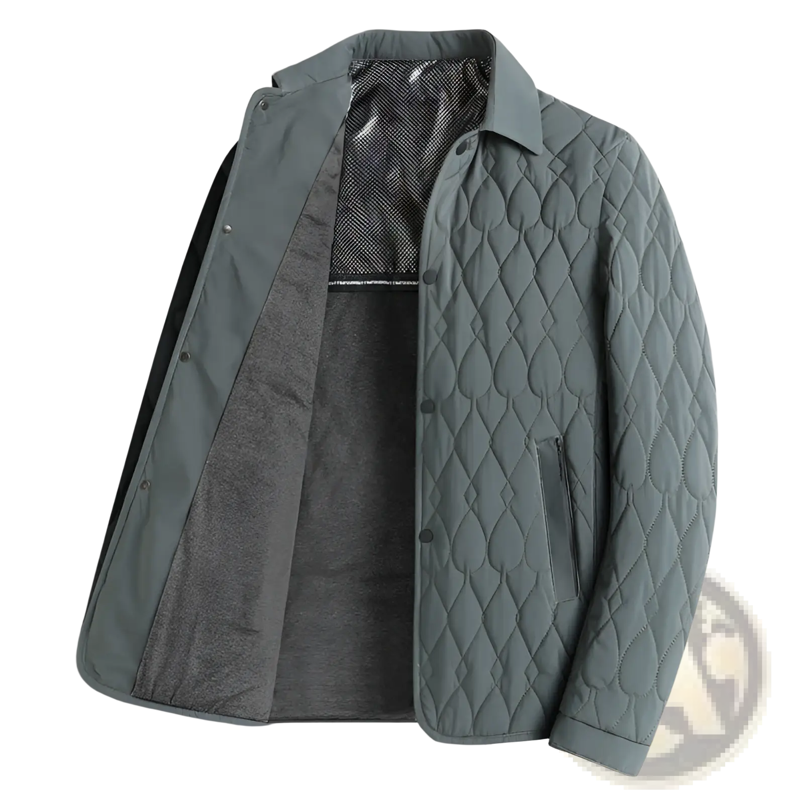 A sleek light gray quilted business jacket with diamond lattice stitching and a soft textured inner lining
