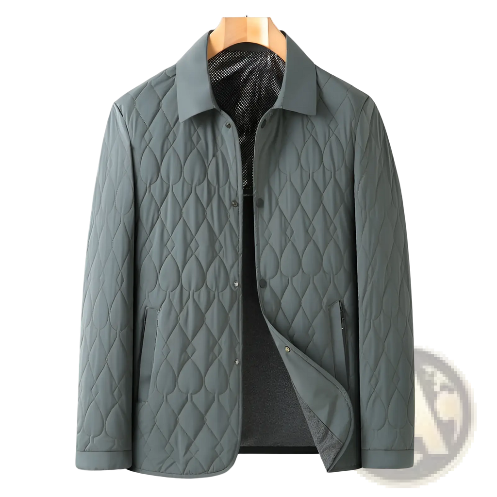 A sleek slate-gray lightweight quilted business jacket with diamond-stitched pattern and subtle sheen