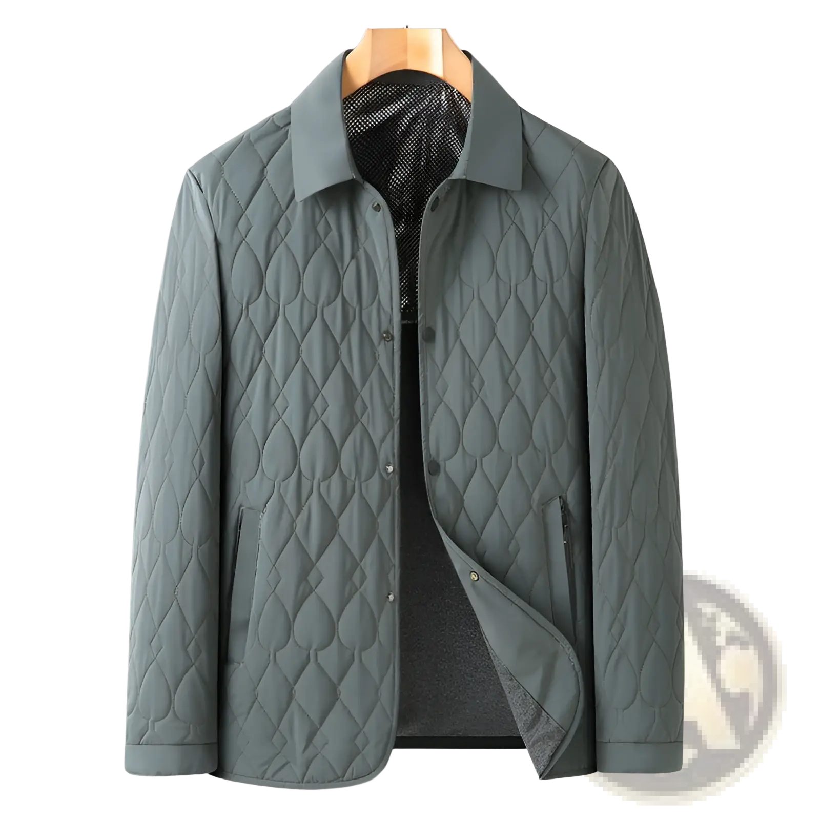 A sleek slate-gray lightweight quilted business jacket with diamond-stitched pattern and subtle sheen