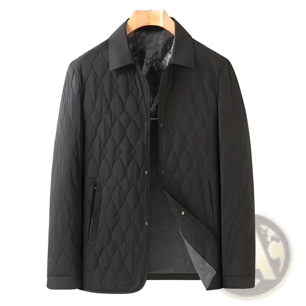 Black quilted business jacket with diamond lattice stitching, subtle sheen, collar, button closure, and side pockets