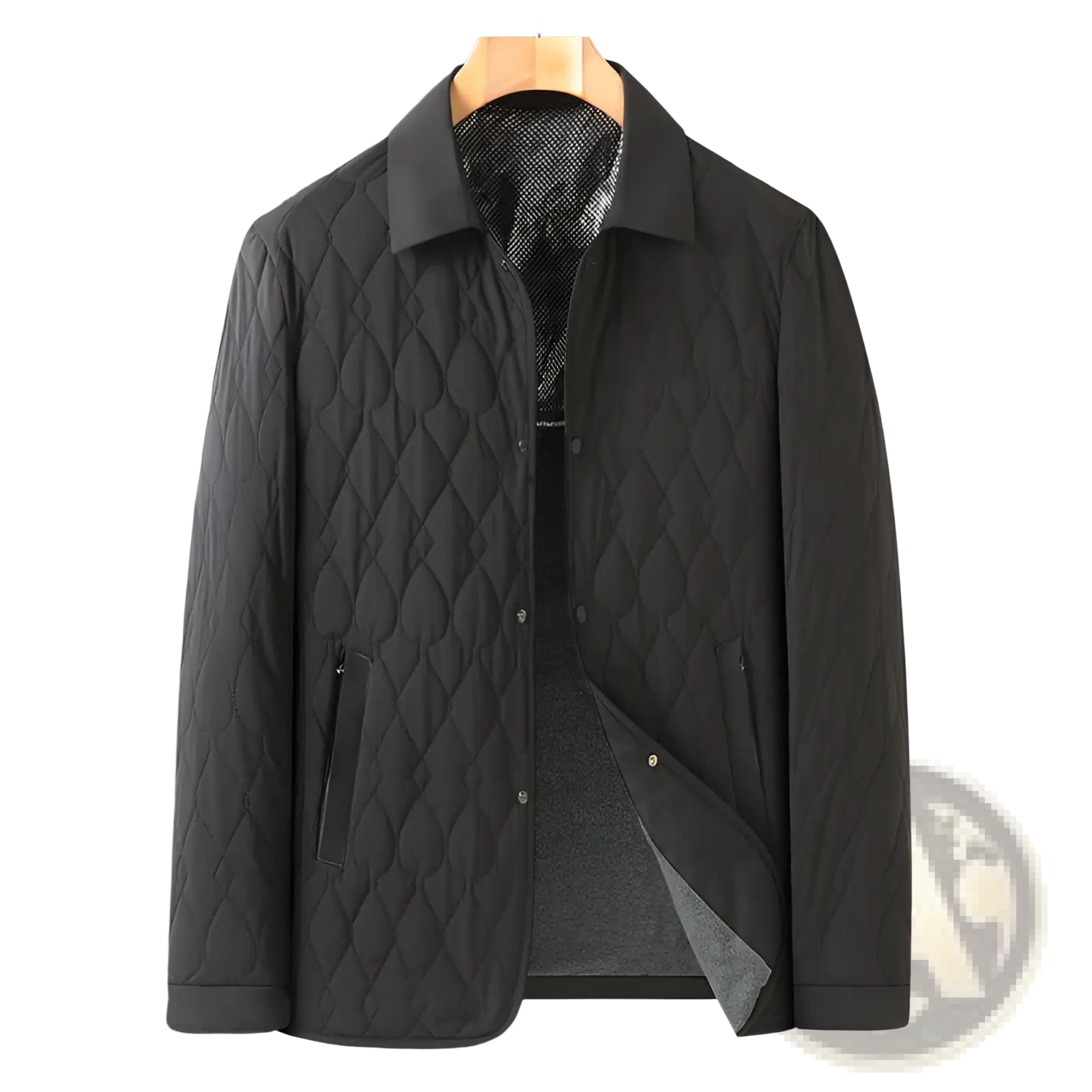 Black quilted business jacket with diamond lattice stitching, subtle sheen, collar, button closure, and side pockets
