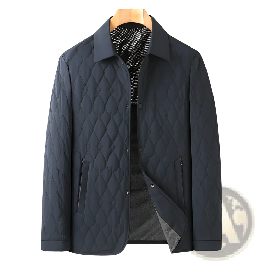 Dark blue lightweight quilted business jacket with diamond lattice pattern and black inner lining