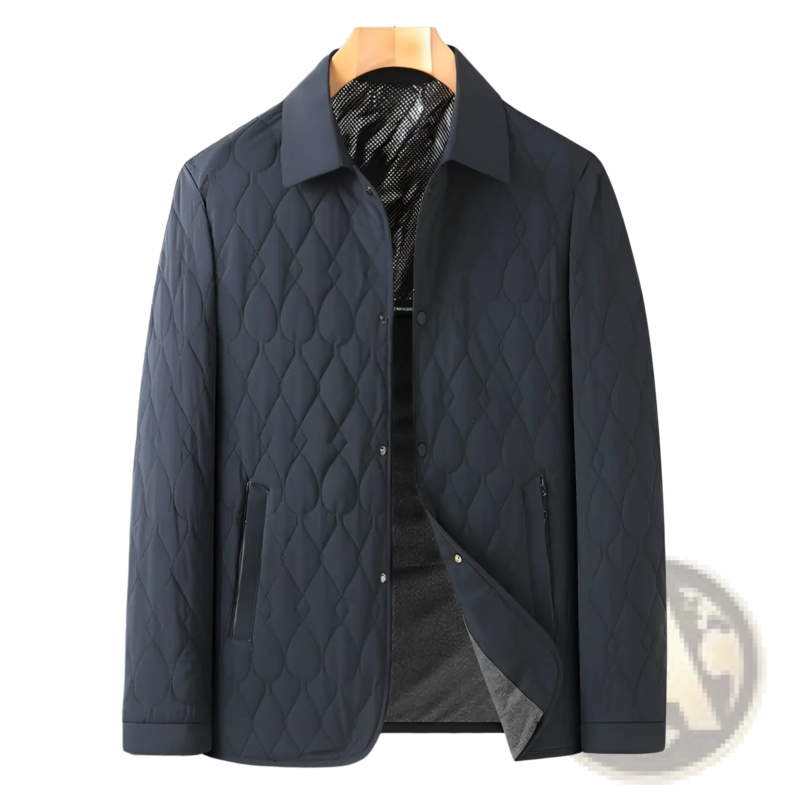 Dark blue lightweight quilted business jacket with diamond lattice pattern and black inner lining