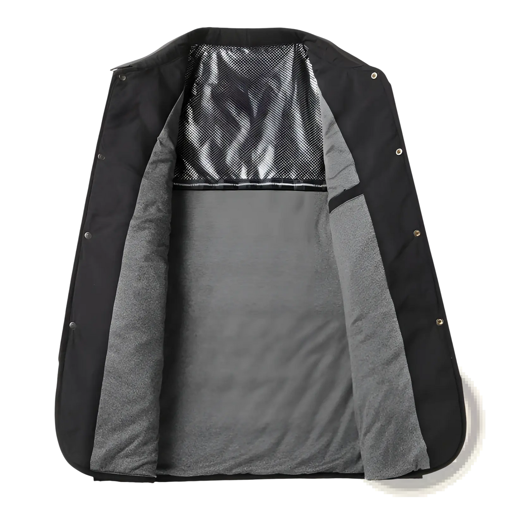 Quilted business jacket with lightweight black outer shell, gray fleece interior, and reflective mesh panel at collar