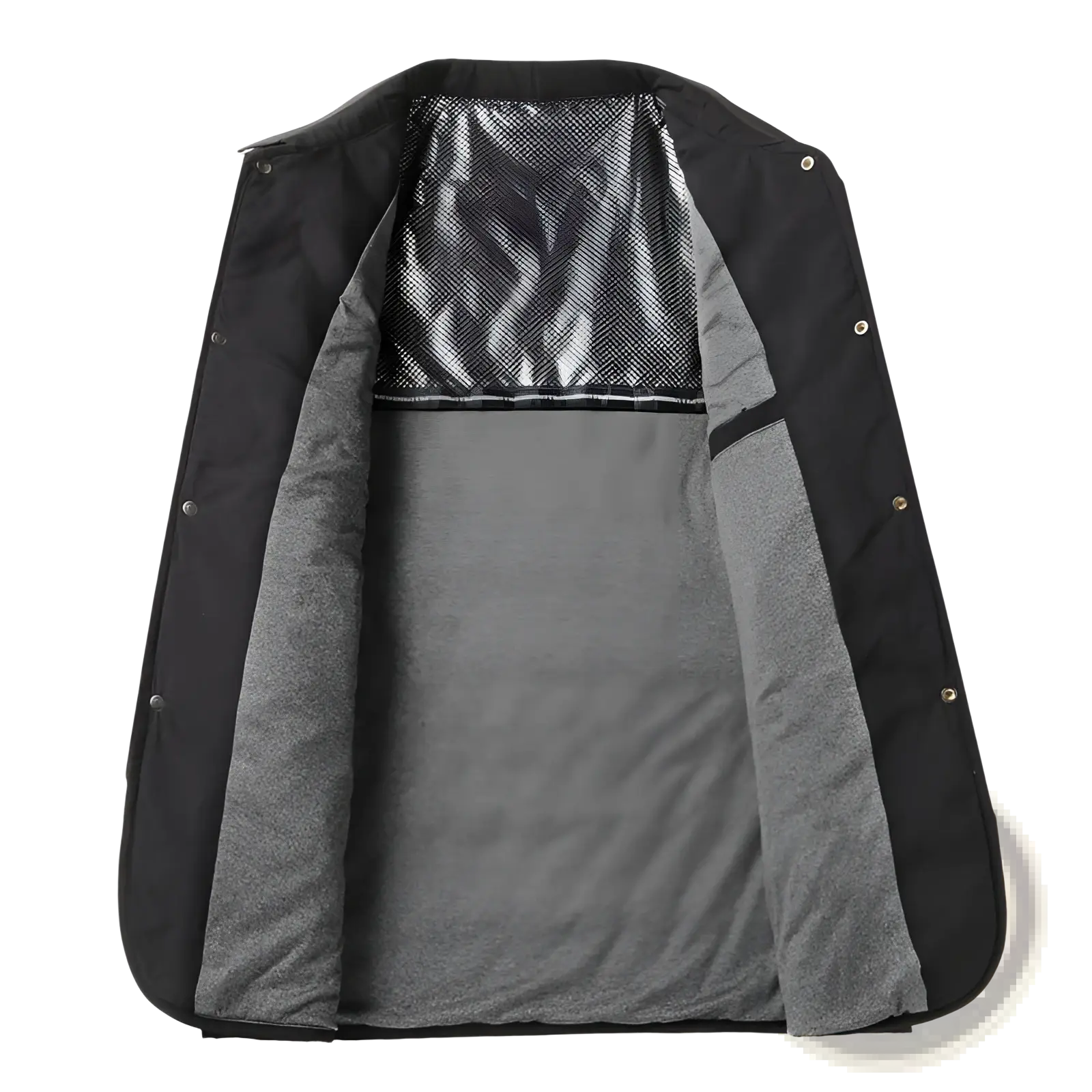 Quilted business jacket with lightweight black outer shell, gray fleece interior, and reflective mesh panel at collar