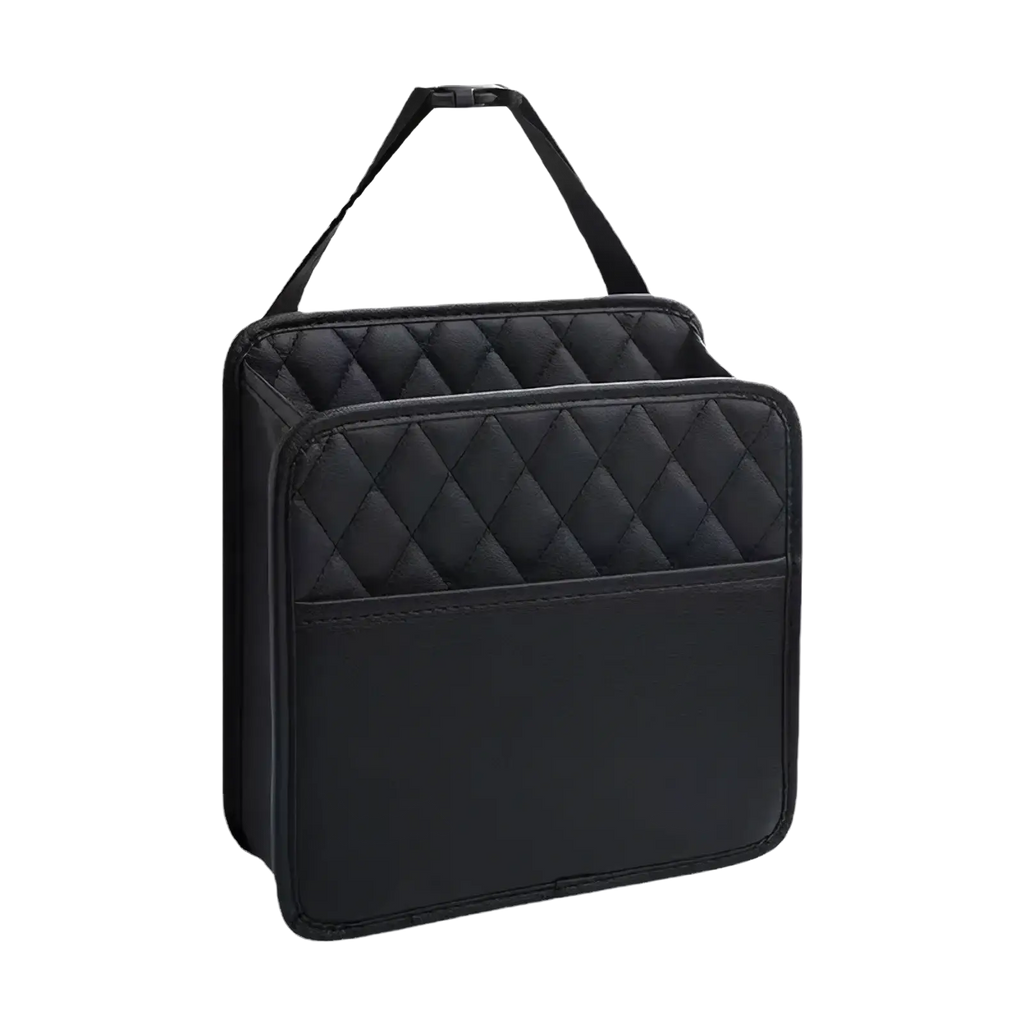 Black quilted car seat organizer storage bag with top handle and front pocket for vehicle storage and organization