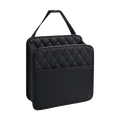 Black quilted car seat organizer storage bag with top handle and front pocket for vehicle storage and organization