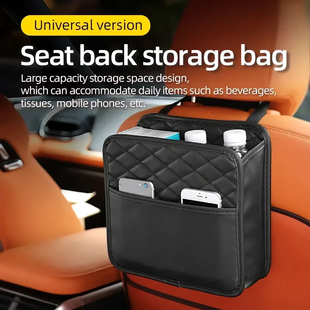 Black quilted car seat organizer storage bag showing back side with multiple compartments for daily item organization