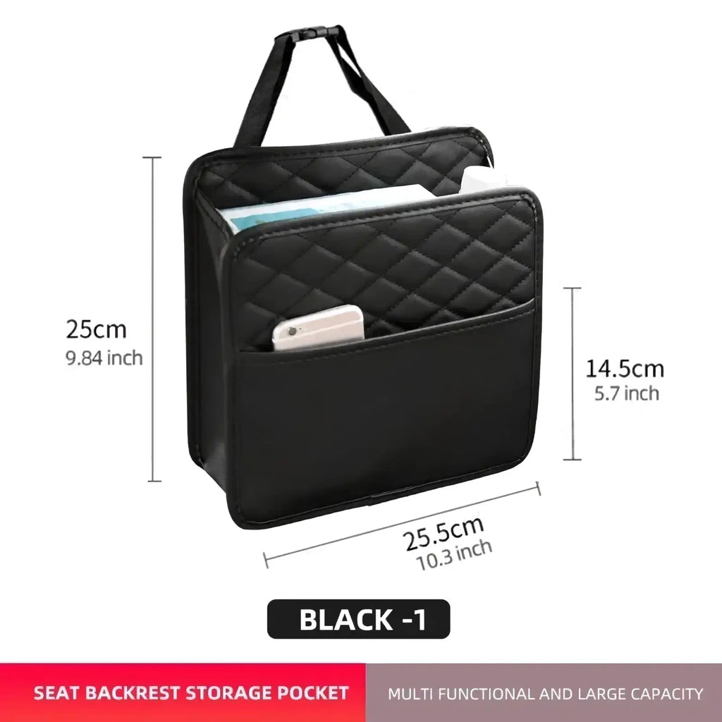 Black quilted car seat organizer storage bag showing backrest pocket with handle and multiple compartments