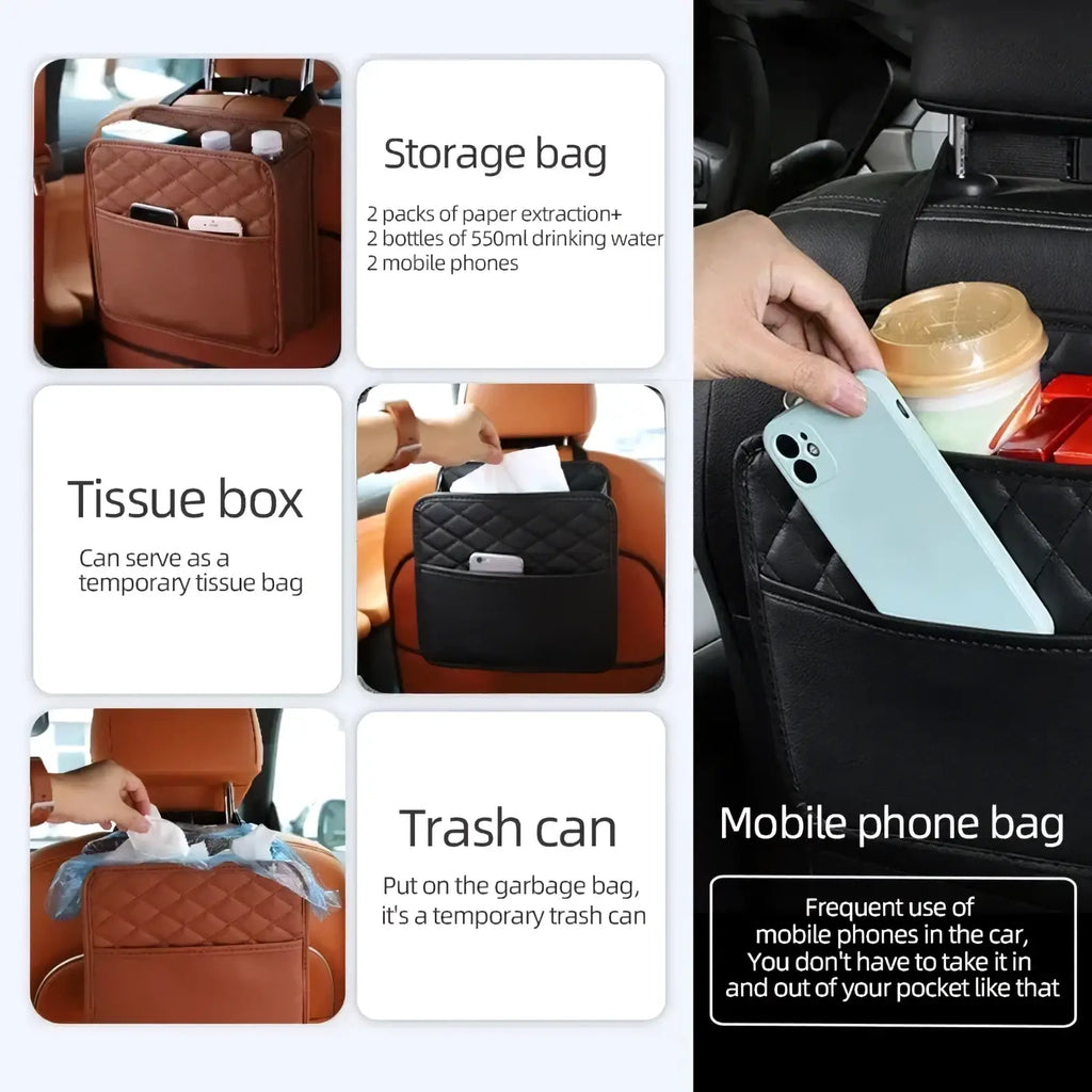 Brown quilted car seat organizer storage bag with multiple compartments for storage tissue and trash management