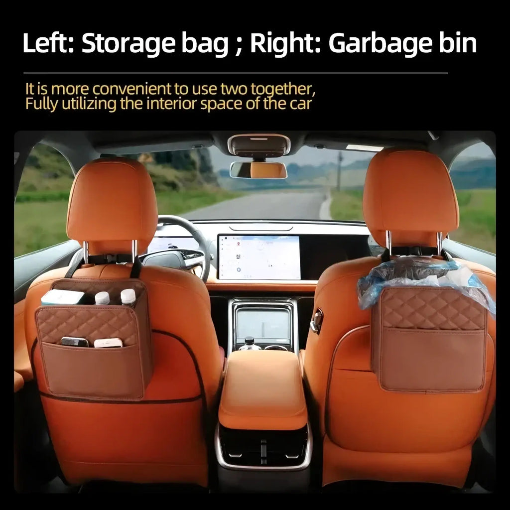 Brown quilted car seat organizer storage bag with multiple compartments and adjustable straps for easy installation