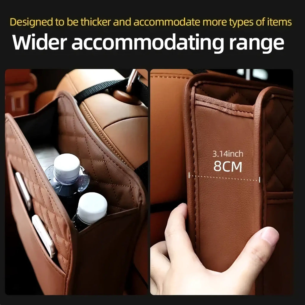 Brown quilted leather car seat organizer with multiple compartments for storing phones and bottles bag