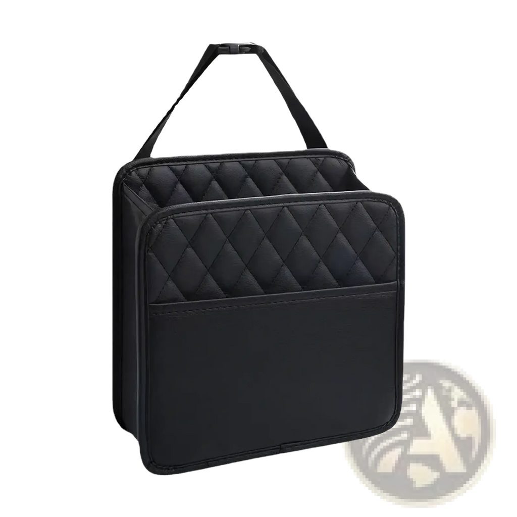 Black quilted car seat organizer storage bag with top handle and front pocket for vehicle storage and organization