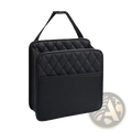 Black quilted car seat organizer storage bag with top handle and front pocket for vehicle storage and organization