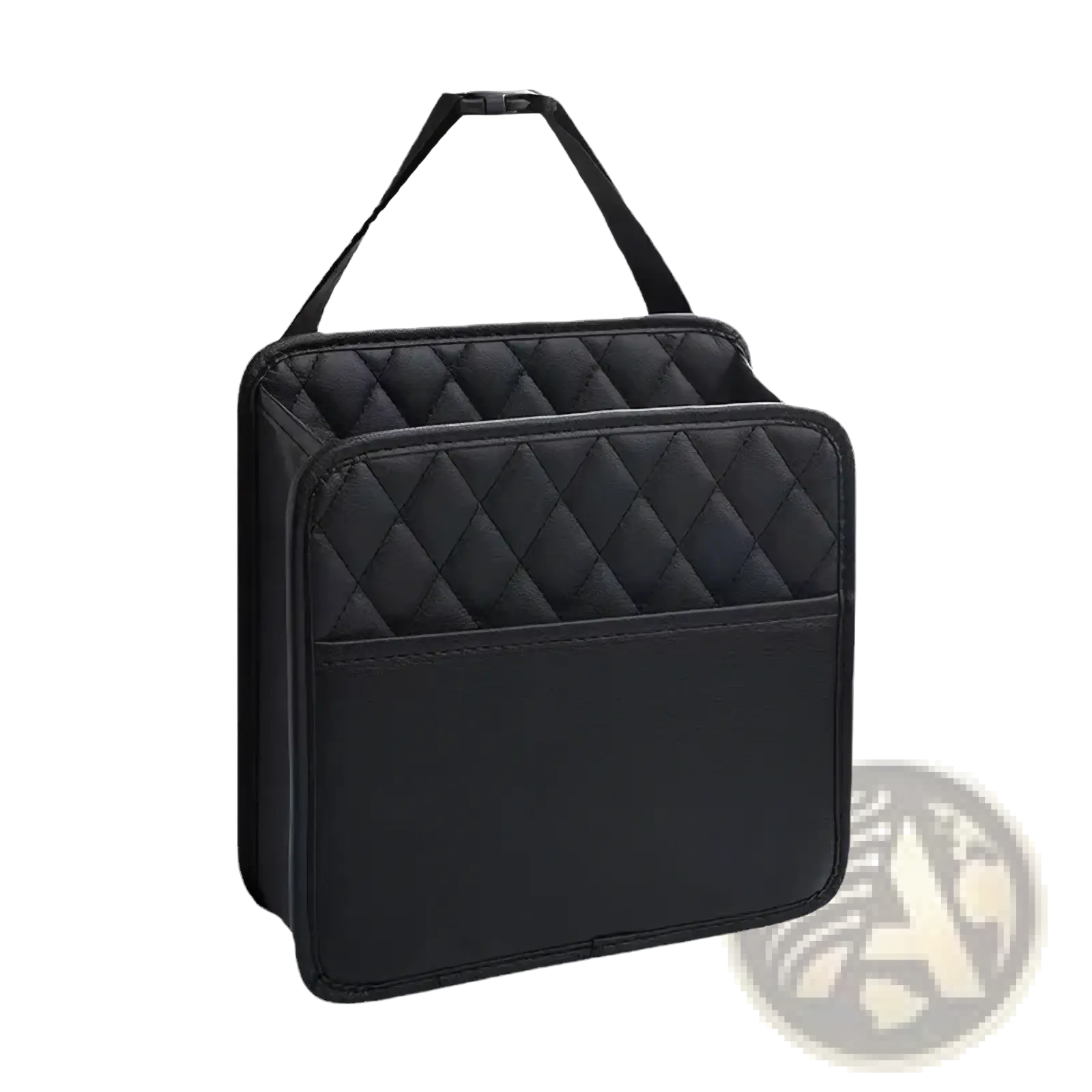 Black quilted car seat organizer storage bag with top handle and front pocket for vehicle storage and organization