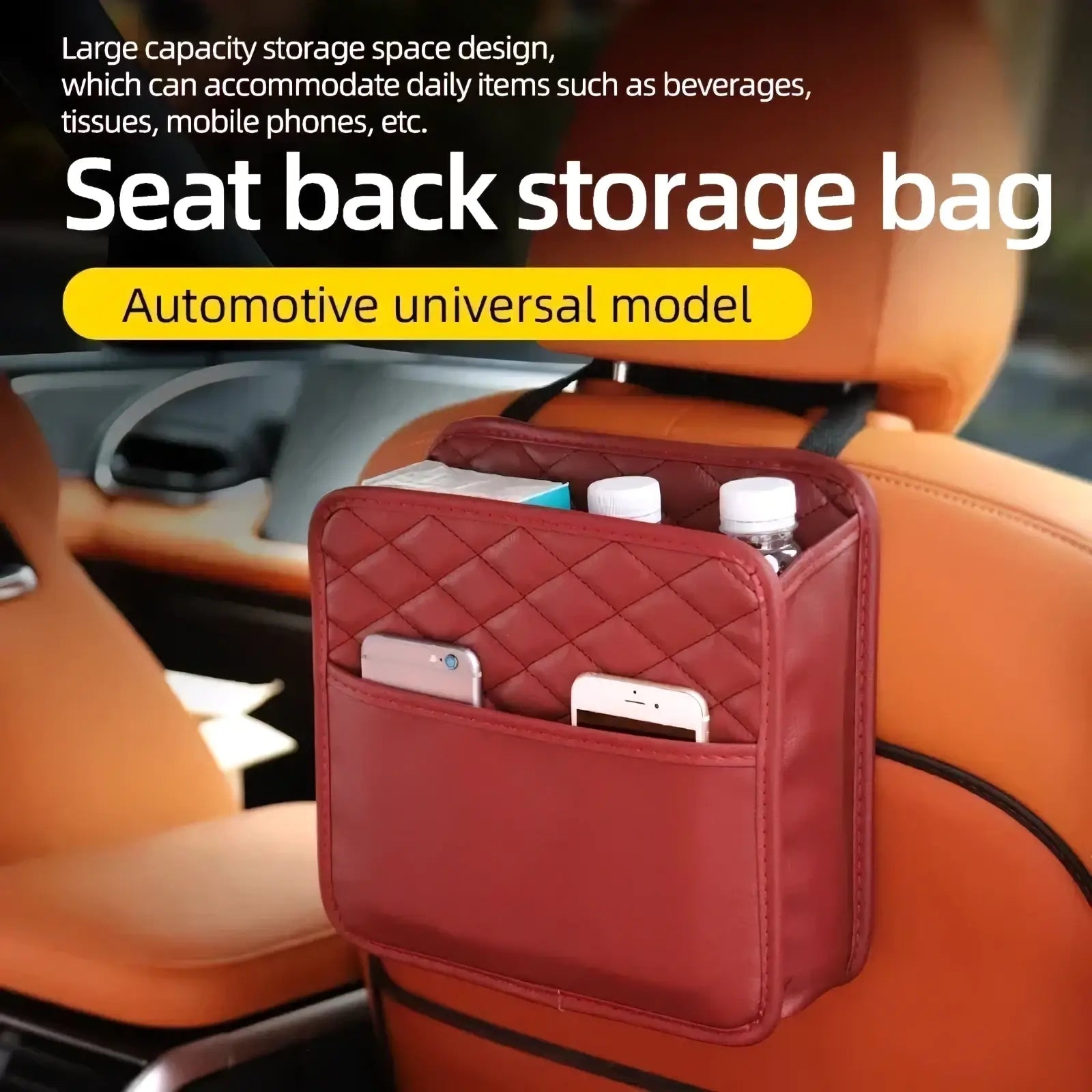 Red quilted car seat organizer storage bag showing back side with multiple compartments for daily item organization