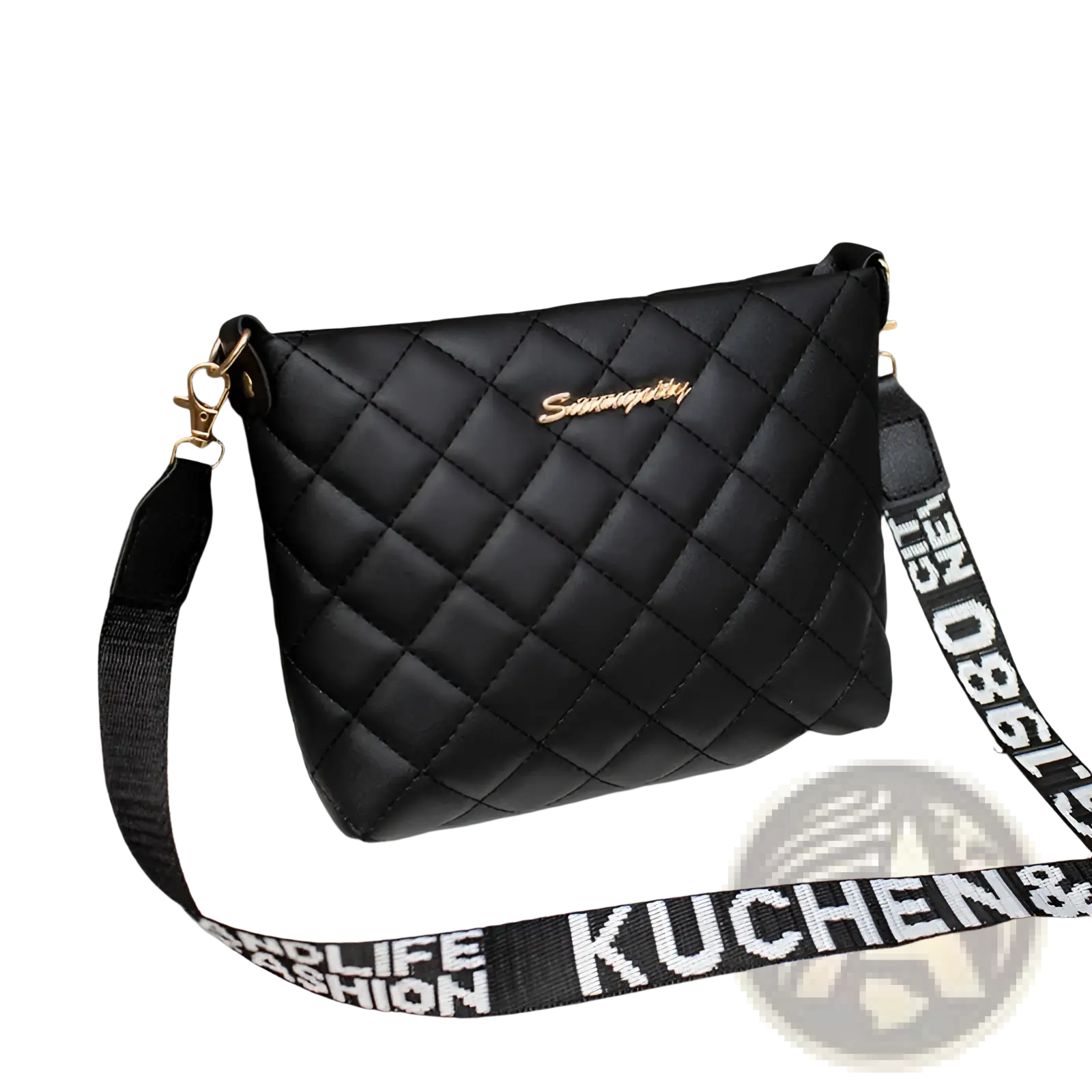 Black quilted chain messenger bag with gold-tone lettering and black strap featuring white striped text