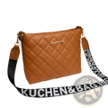 Tan quilted chain messenger bag with black and white striped crossbody strap featuring kuchen&bag19 text