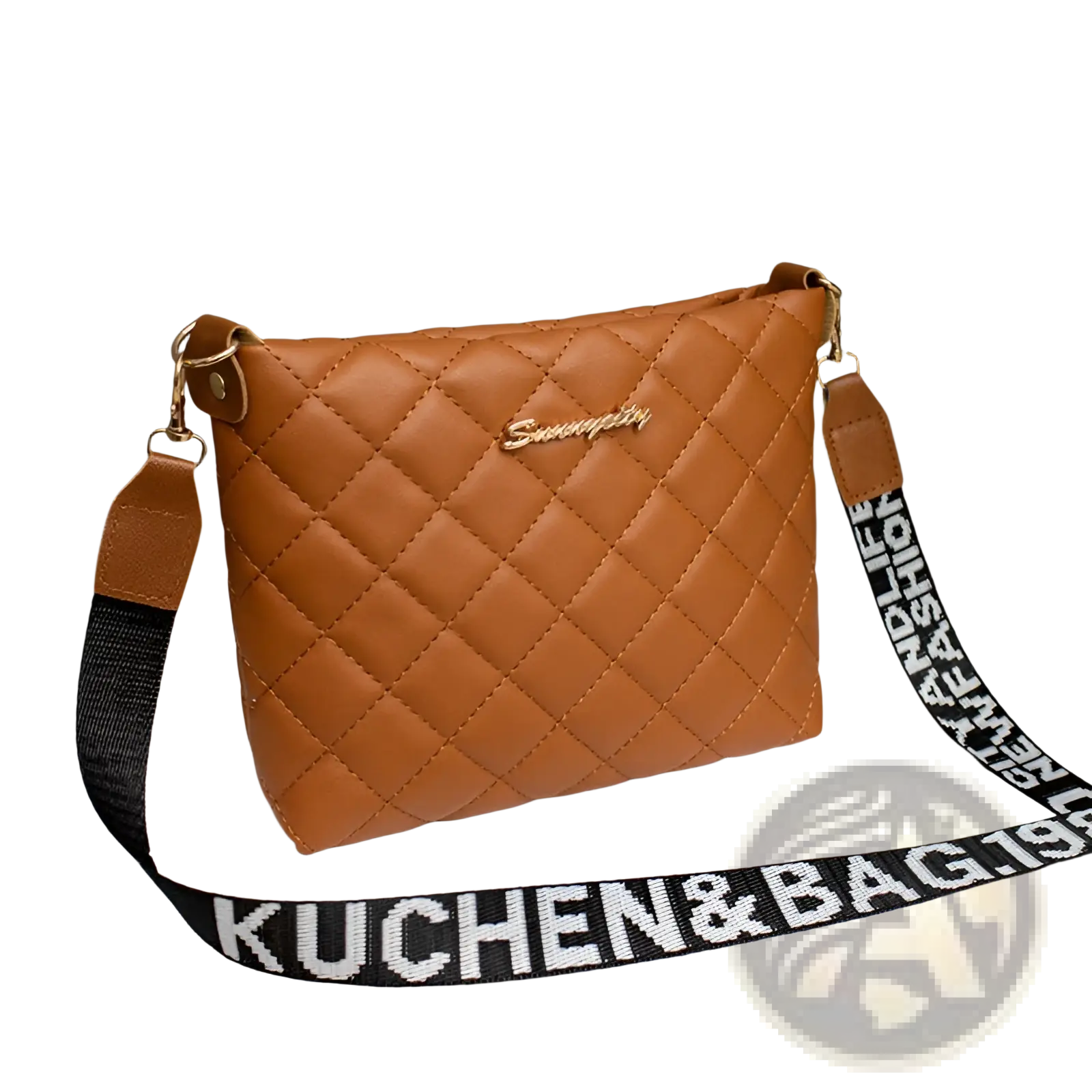 Tan quilted chain messenger bag with black and white striped crossbody strap featuring kuchen&bag19 text