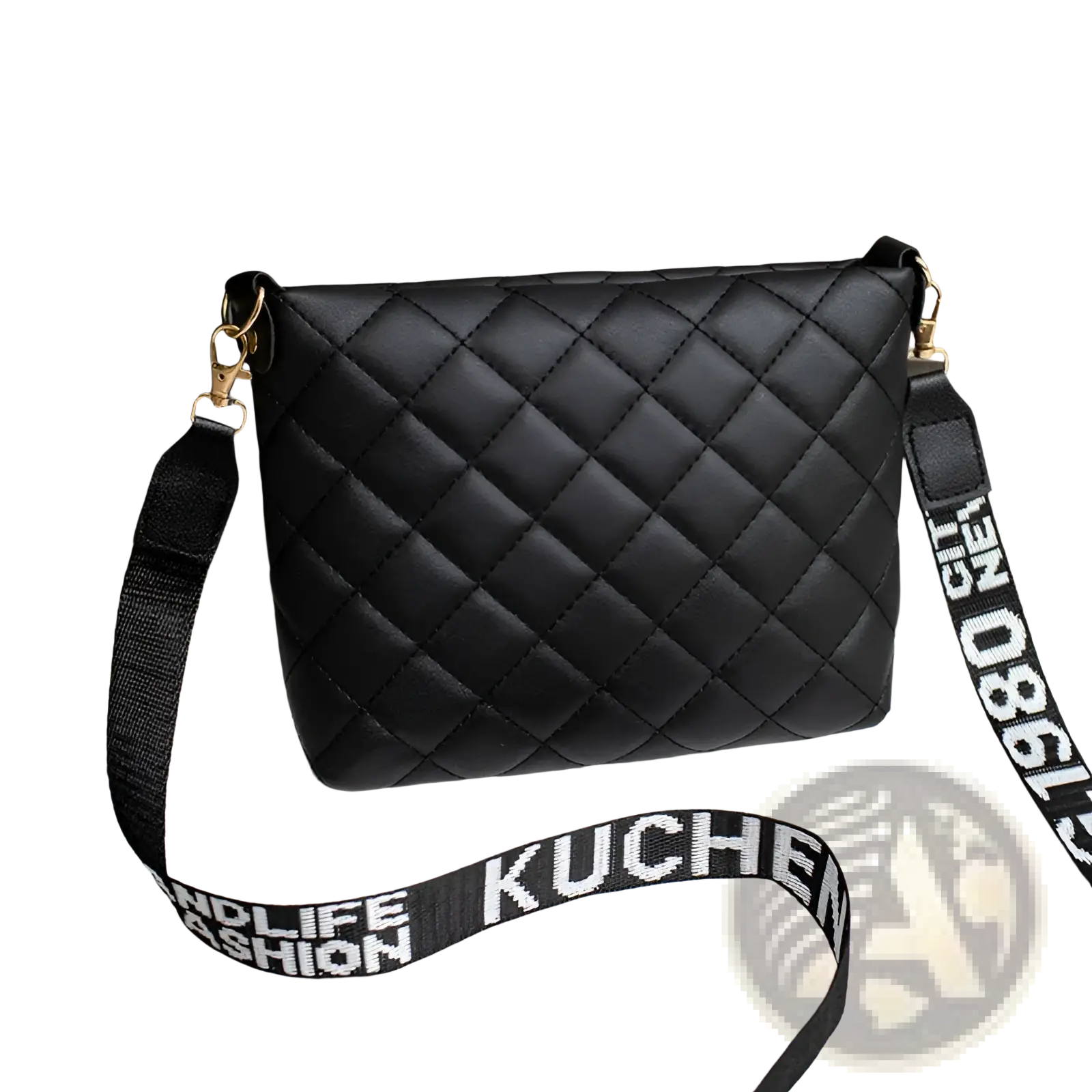 Black quilted chain messenger bag with gold-tone hardware and bold white lettering on striped crossbody strap