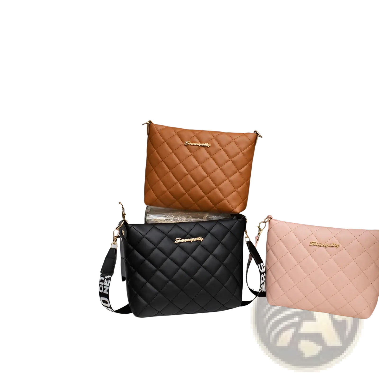 Quilted chain messenger bags in white black tan and blush pink with gold-tone branding and striped crossbody straps