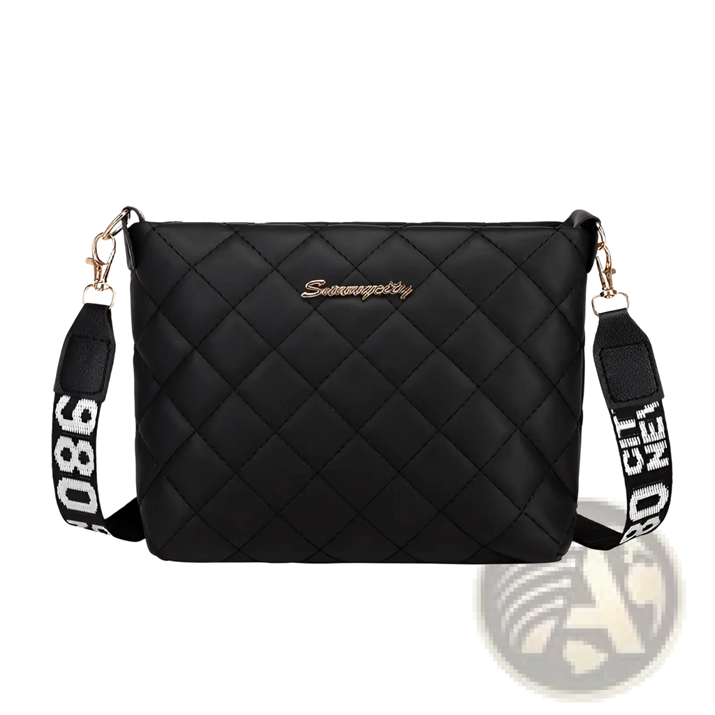 Black quilted chain messenger bag with gold-tone hardware and bold black-and-white striped crossbody strap