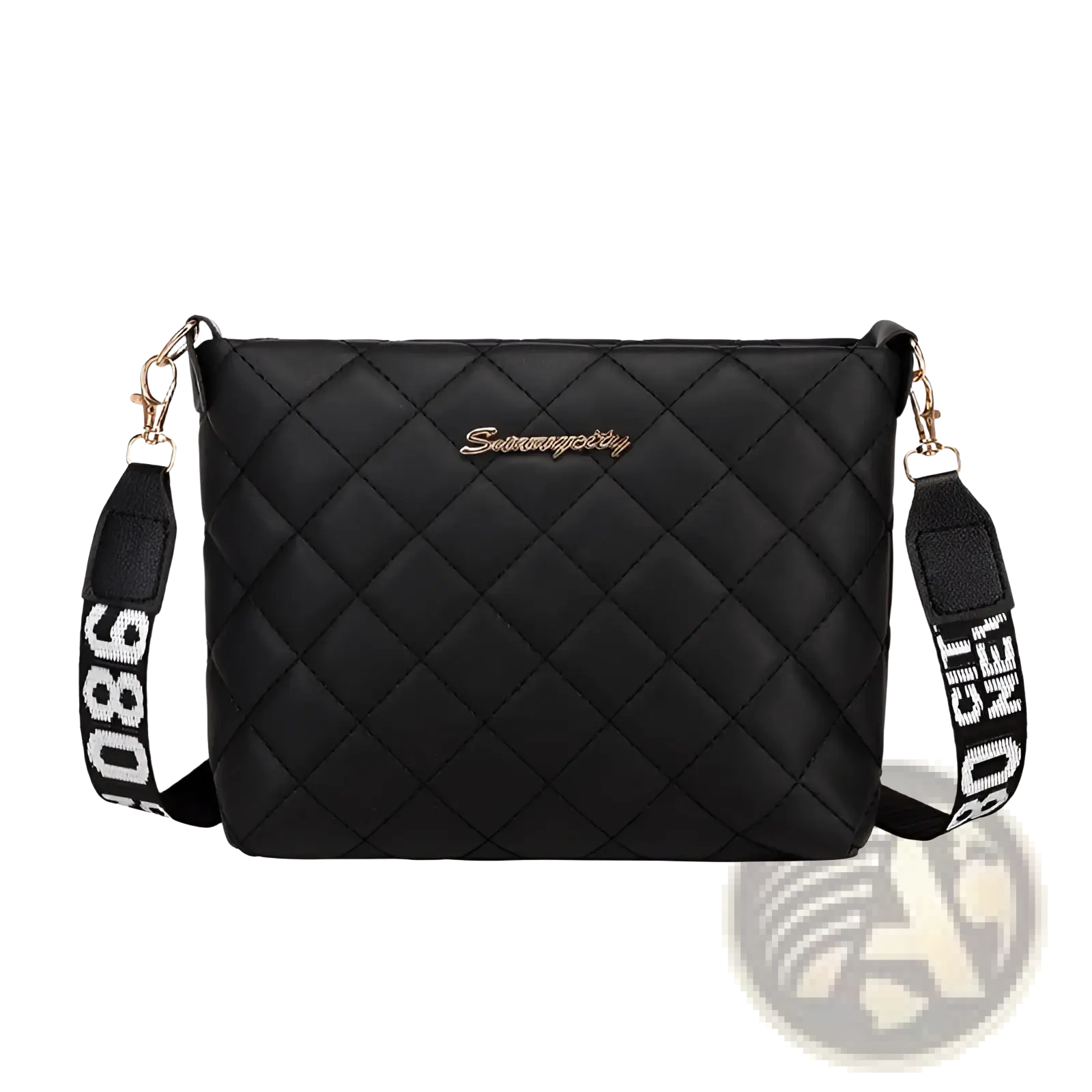 Black quilted chain messenger bag with gold-tone hardware and bold black-and-white striped crossbody strap