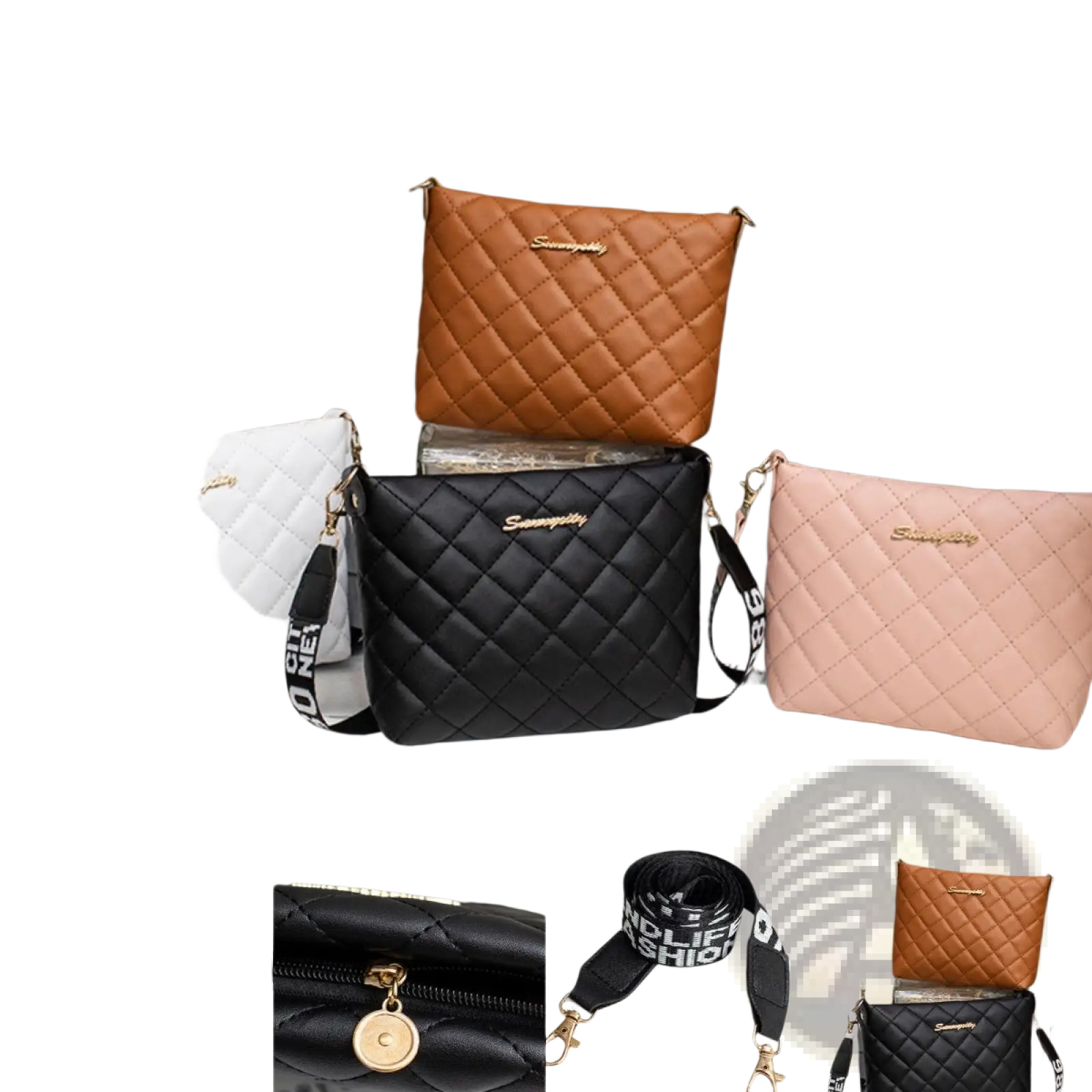 Quilted chain messenger bags in white black tan and pink leather with gold-tone hardware and striped crossbody strap