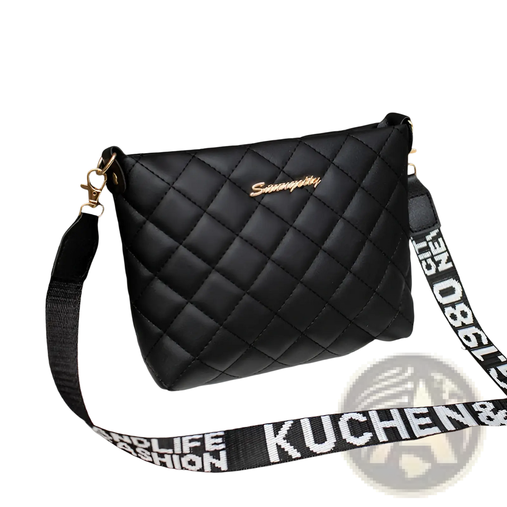 Quilted chain messenger bag in black with gold-tone lettering and a black strap featuring white text