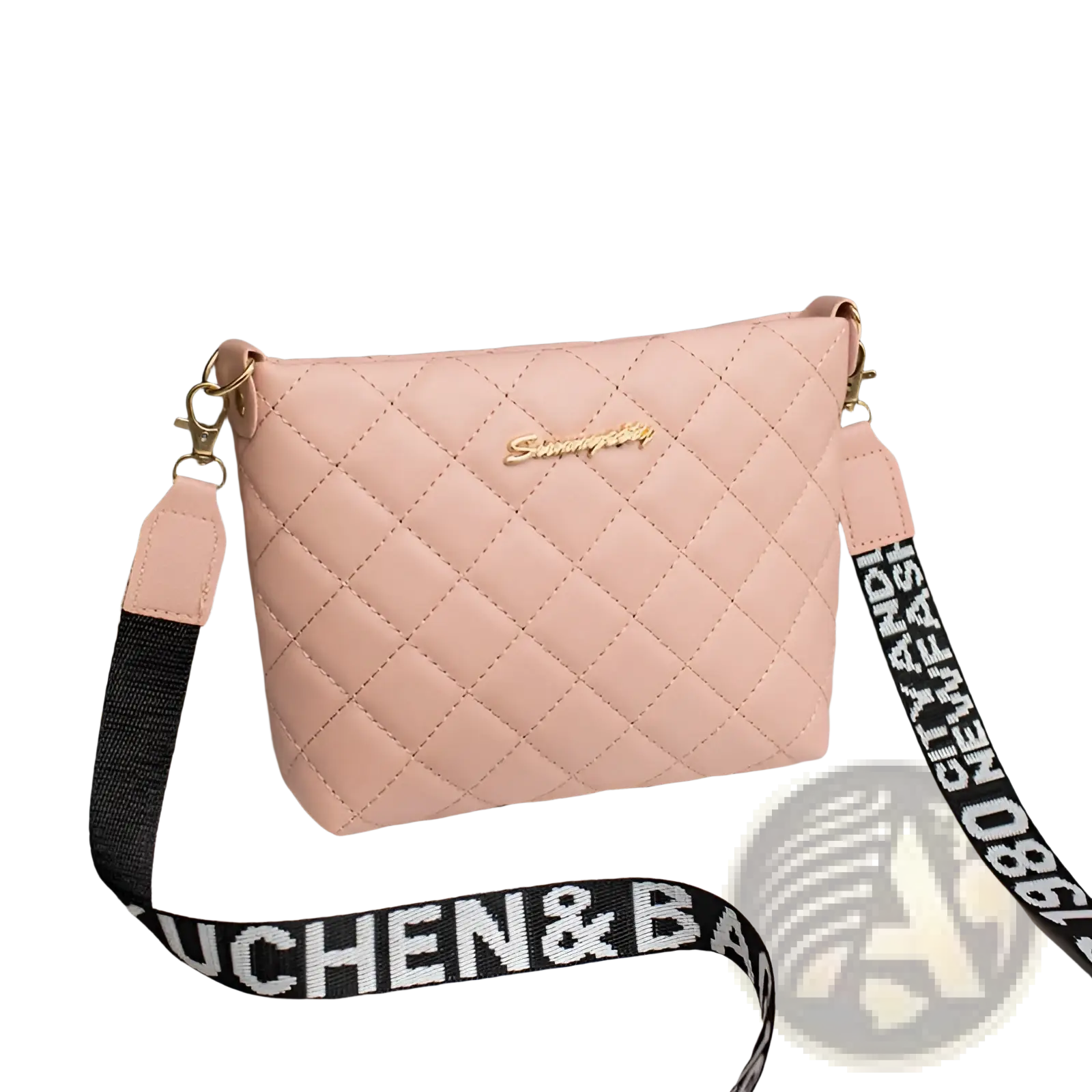 Pink quilted leather chain messenger bag with gold-tone logo and black and white striped crossbody strap