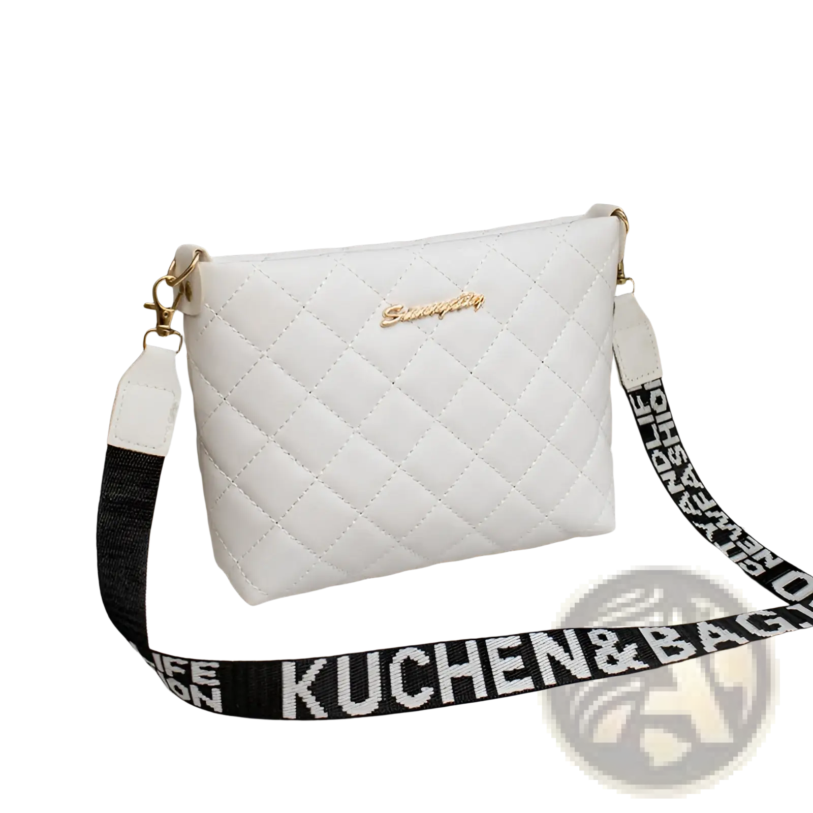 White quilted chain messenger bag with gold-tone logo and black and white striped crossbody strap