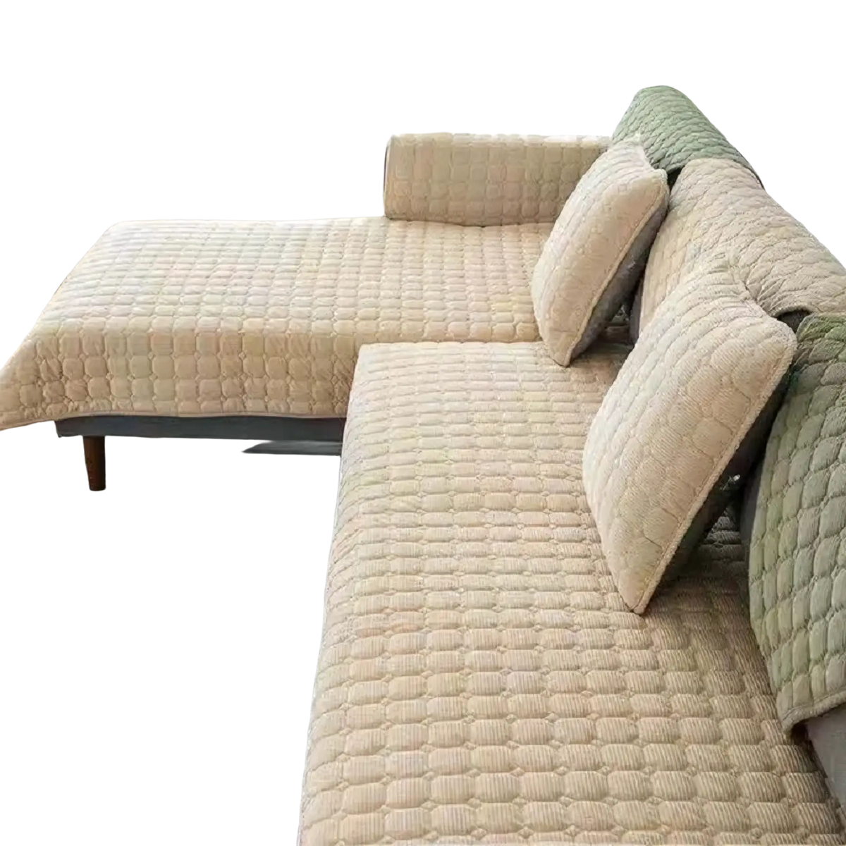 Beige quilted corduroy sofa cover protector with diamond-stitched non slip pattern for furniture protection