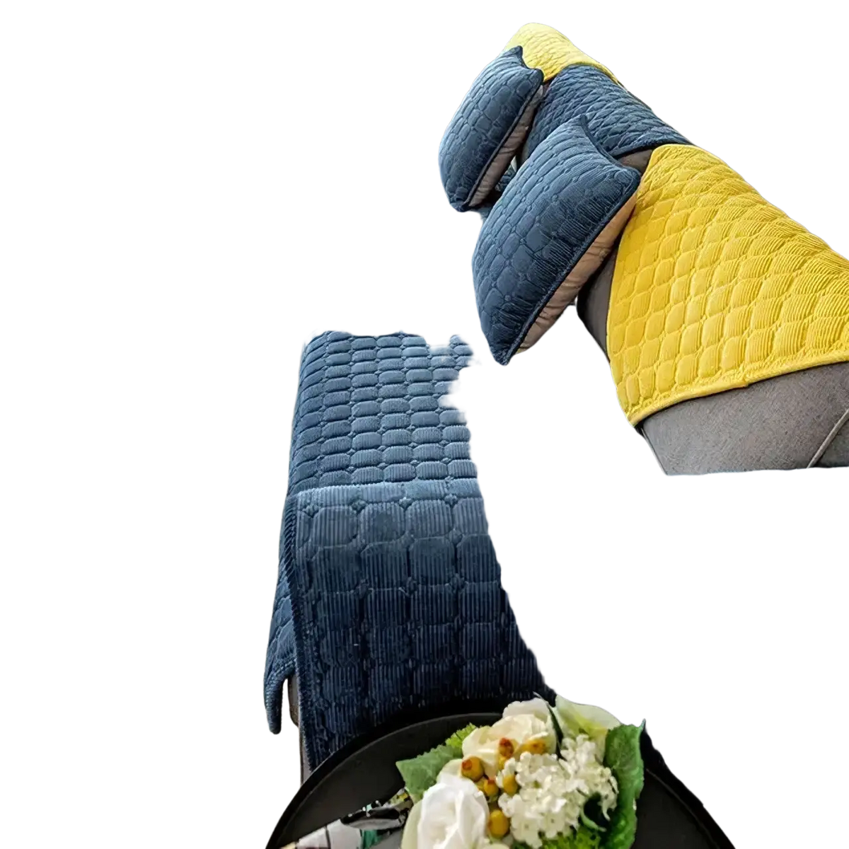 Blue quilted corduroy non slip sofa cover protector with yellow accent pillow on blue fabric sofa