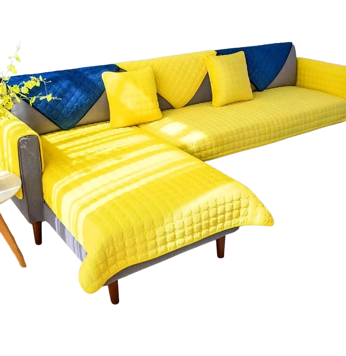 Bright yellow quilted corduroy non slip sofa cover protector with blue and gray accents for durable furniture protection