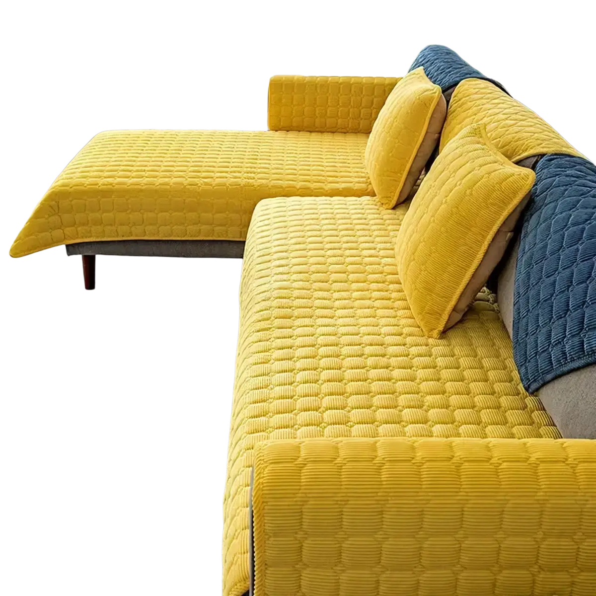 Bright yellow quilted corduroy non slip sofa cover protector with textured diamond stitched pattern