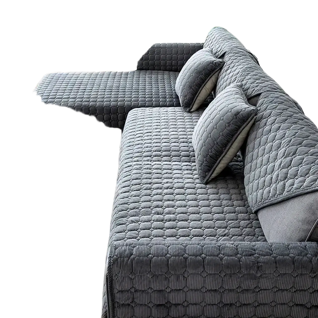 Gray quilted corduroy non slip sofa cover protector with a textured diamond stitched pattern