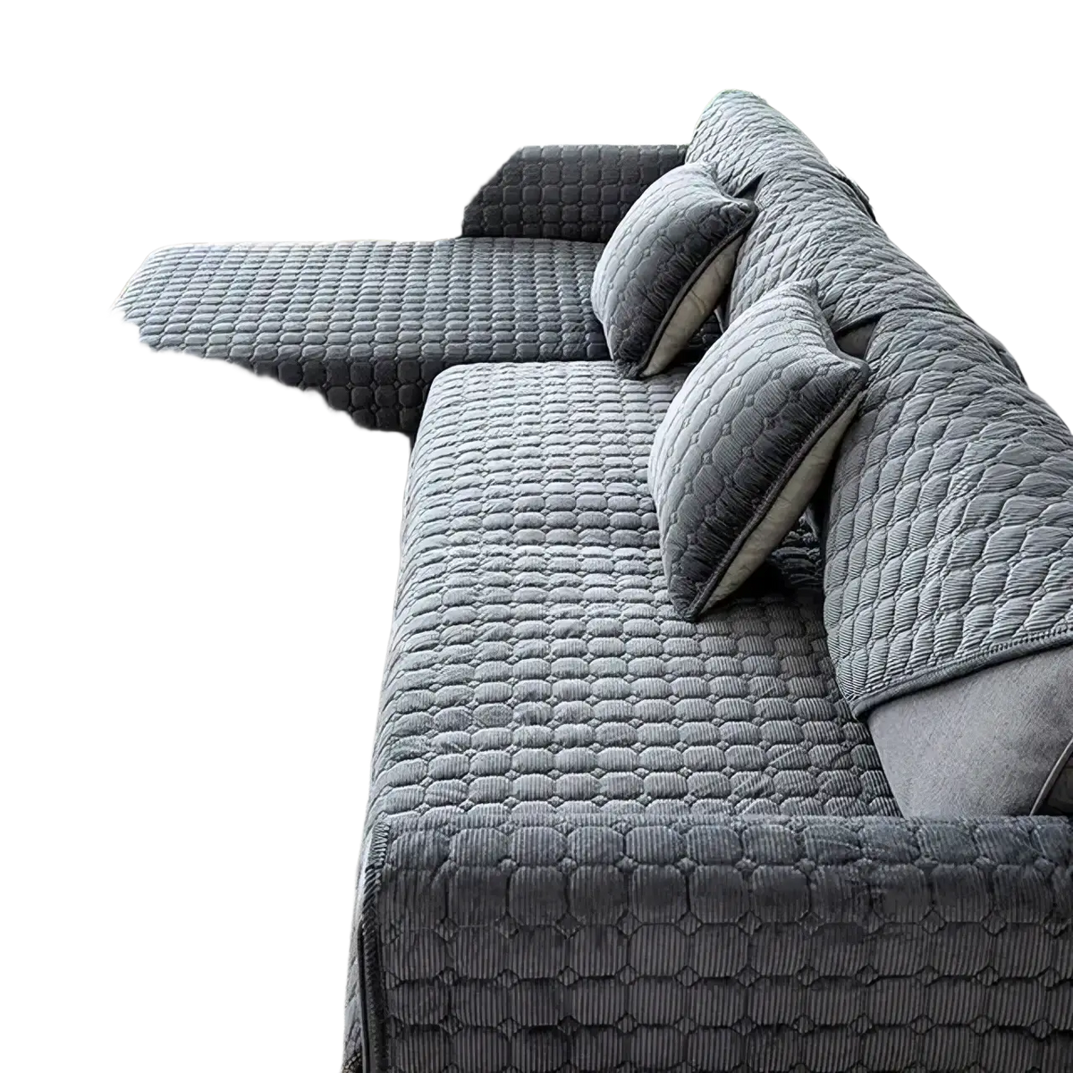 Gray quilted corduroy non slip sofa cover protector with a textured diamond stitched pattern