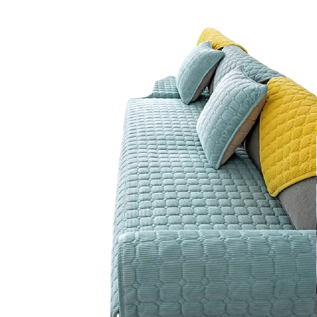 Light blue quilted corduroy non slip sofa cover protector with textured diamond pattern design