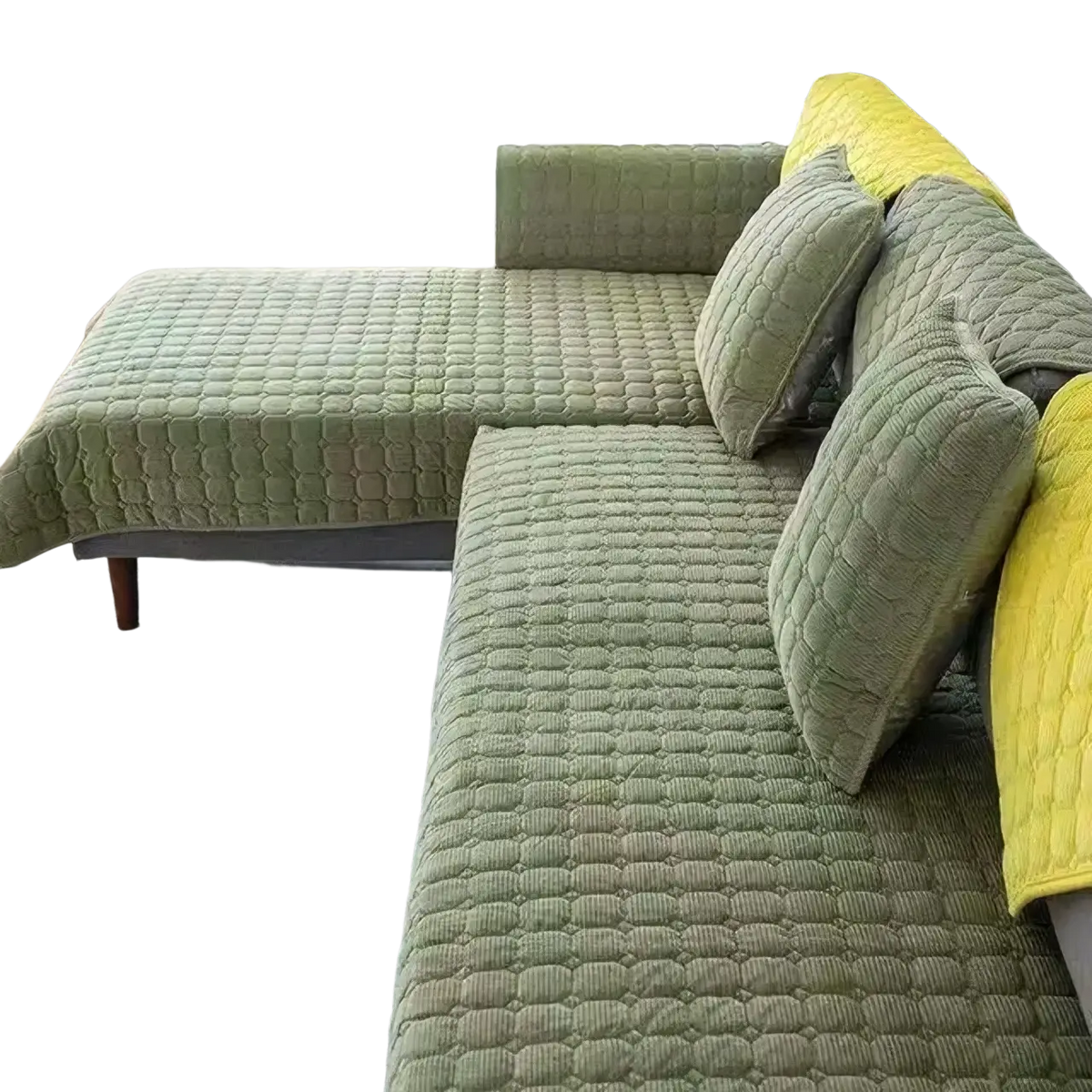 Olive green quilted corduroy non slip sofa cover protector with textured padded design for sofa protection