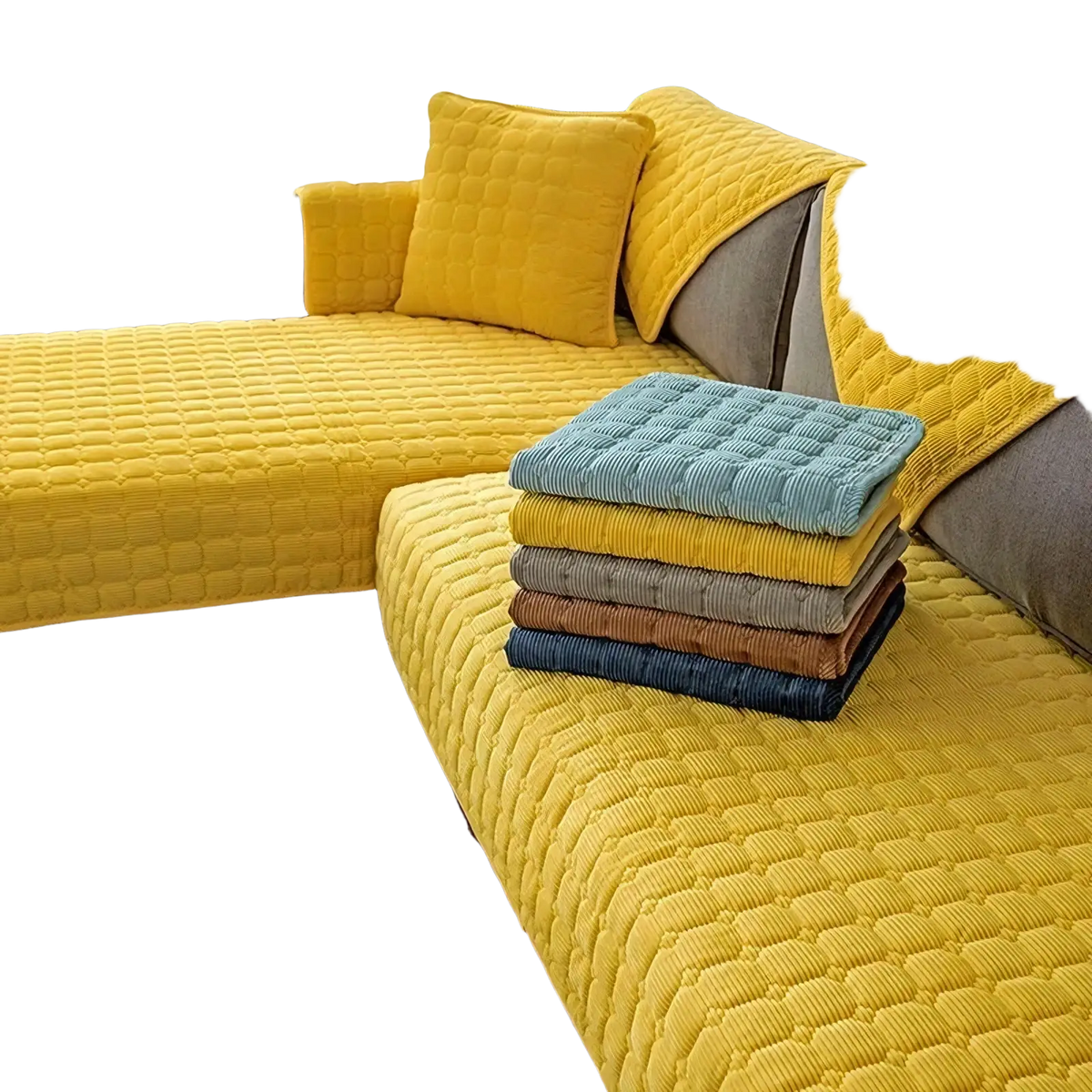 Stack of quilted corduroy non slip sofa cover protectors in yellow blue gray brown and navy colors