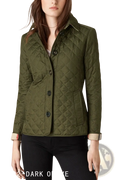 Dark olive quilted cotton jacket slim fit winter outerwear with black buttons and beige inner lining
