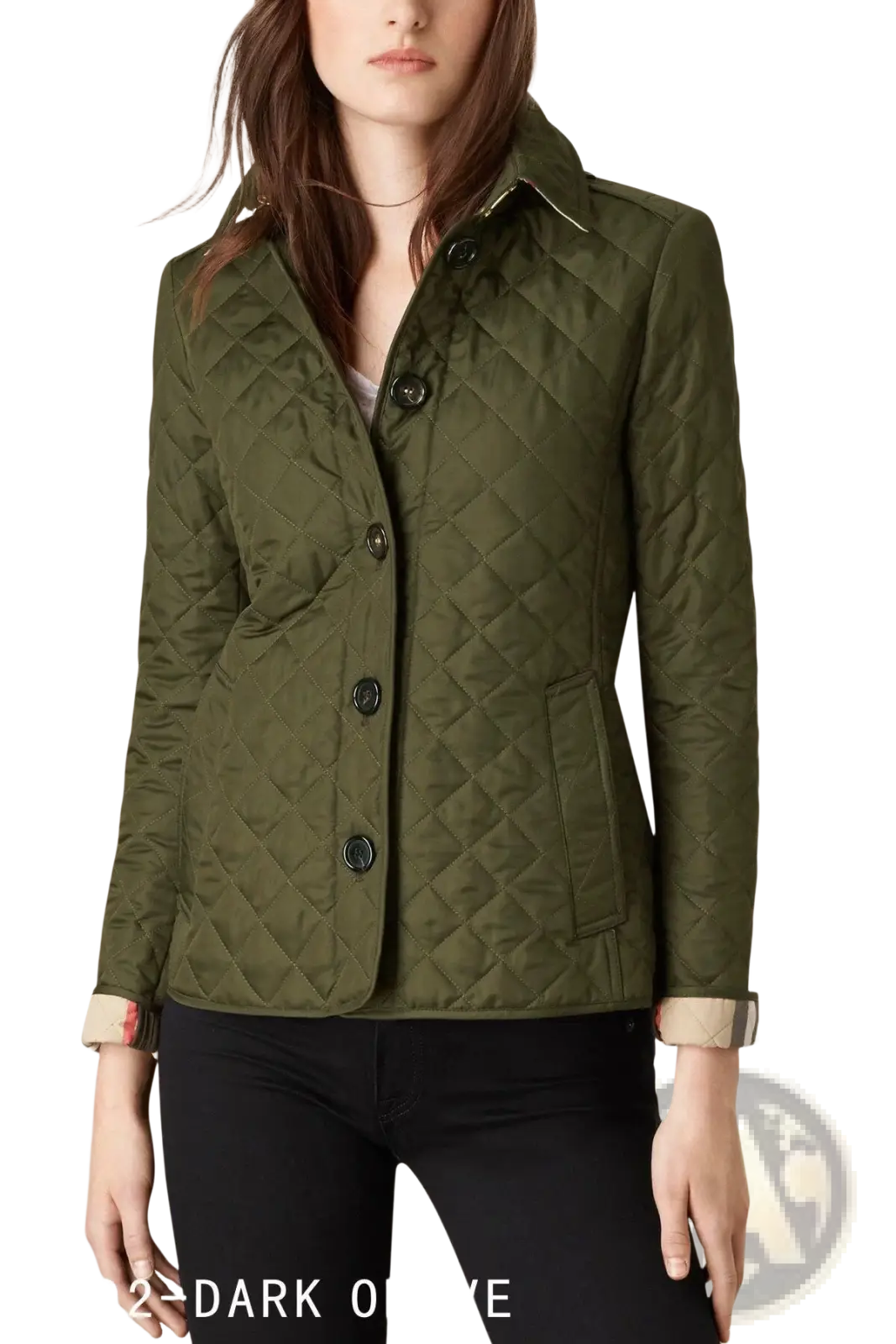 Dark olive quilted cotton jacket slim fit winter outerwear with black buttons and beige inner lining
