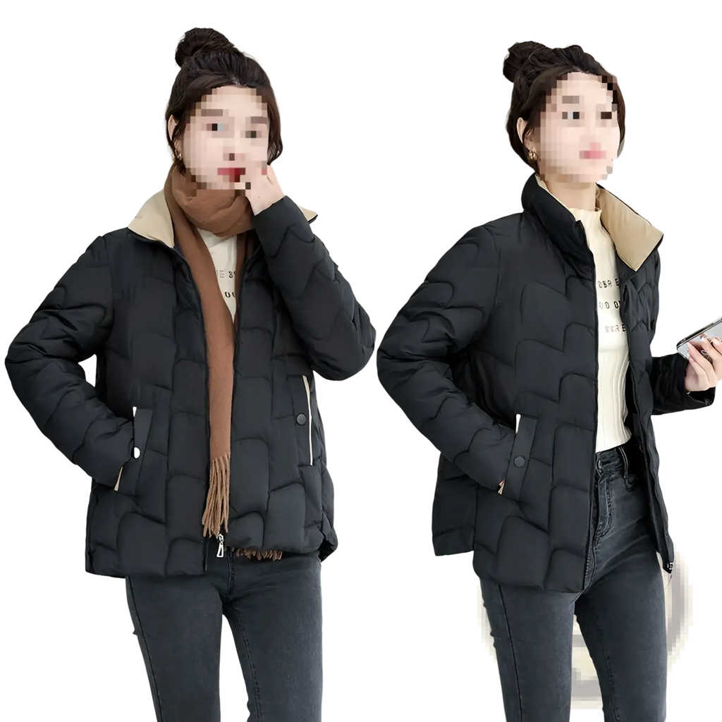 Black quilted cotton padded coat korean style jacket with tan fleece-lined collar and front pockets for winter wear