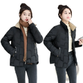 Black quilted cotton padded coat korean style jacket with tan fleece-lined collar and front pockets for winter wear