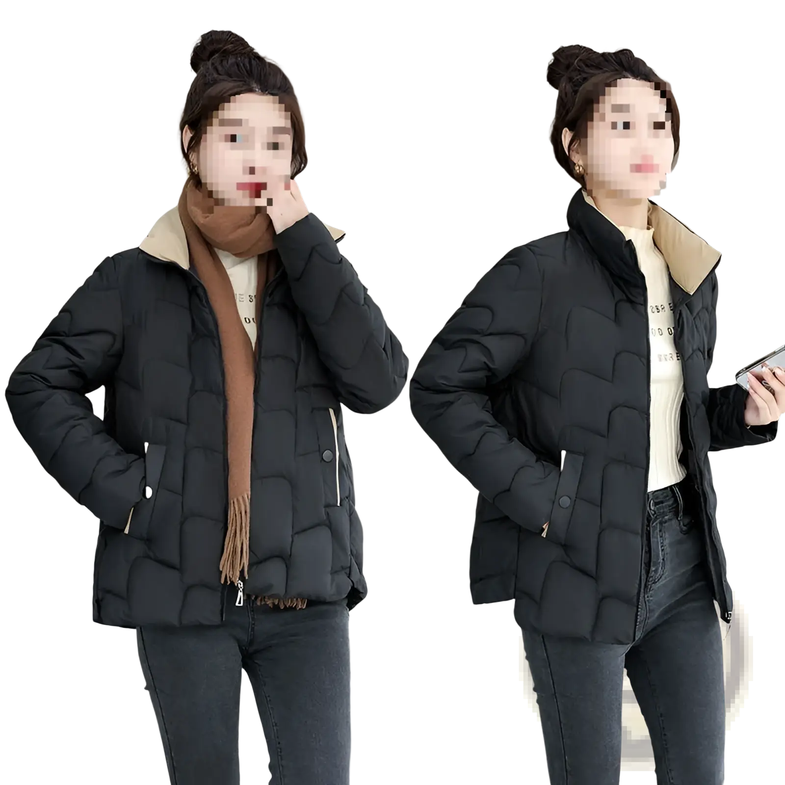 Black quilted cotton padded coat korean style jacket with tan fleece-lined collar and front pockets for winter wear