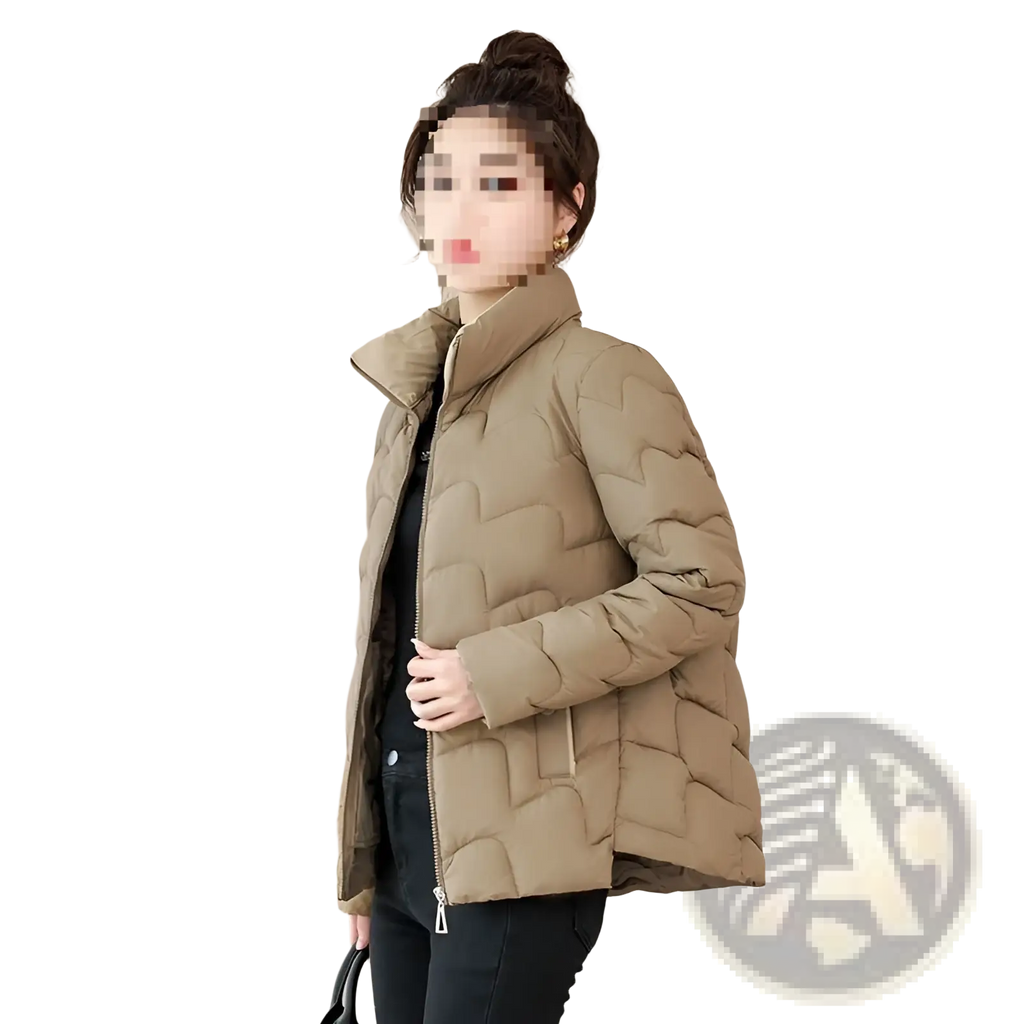 Beige quilted cotton padded coat with high collar and zipper closure in Korean style jacket design