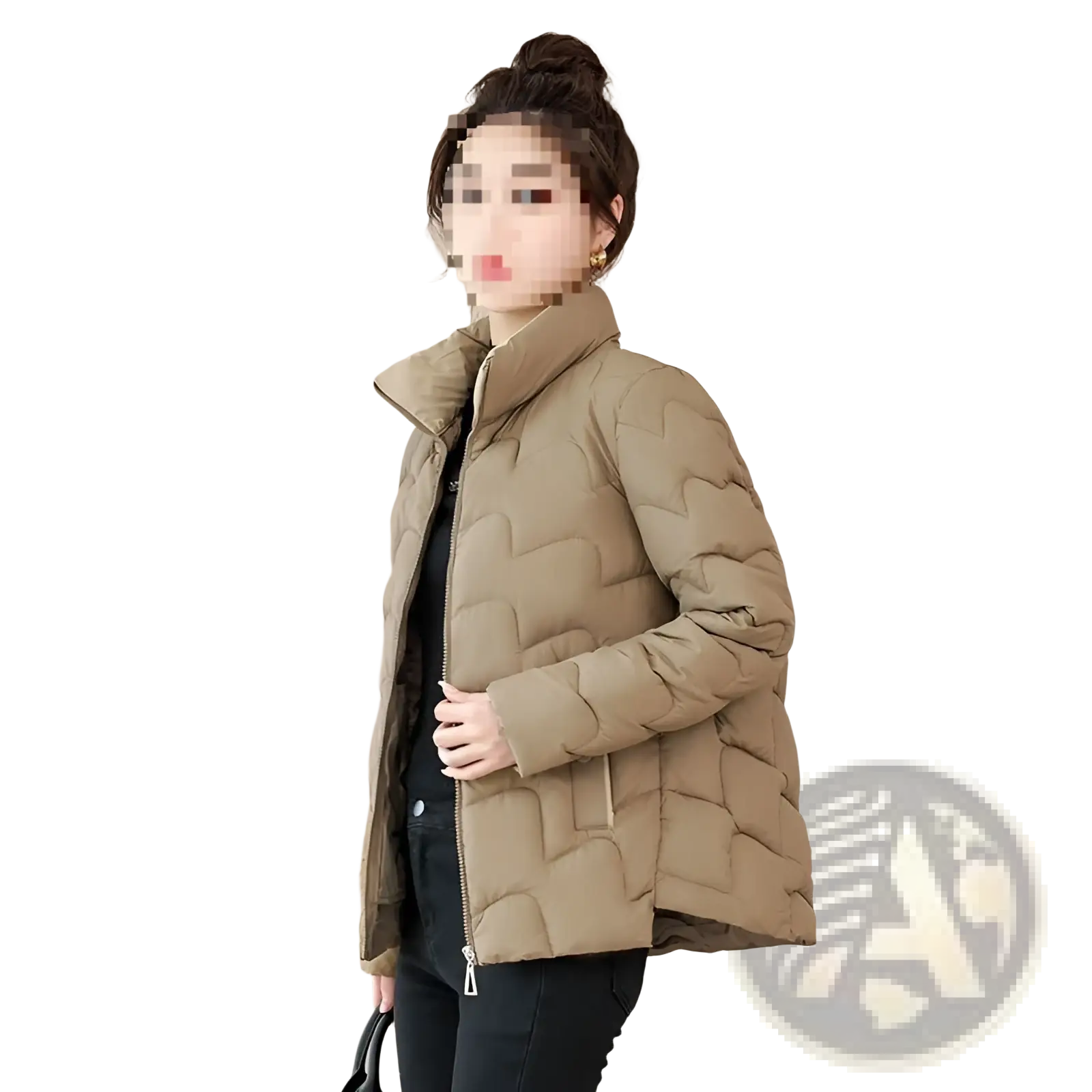 Beige quilted cotton padded coat with high collar and zipper closure in Korean style jacket design