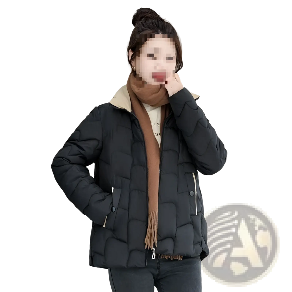 Black quilted cotton padded coat korean style jacket with beige inner lining and zipper accents